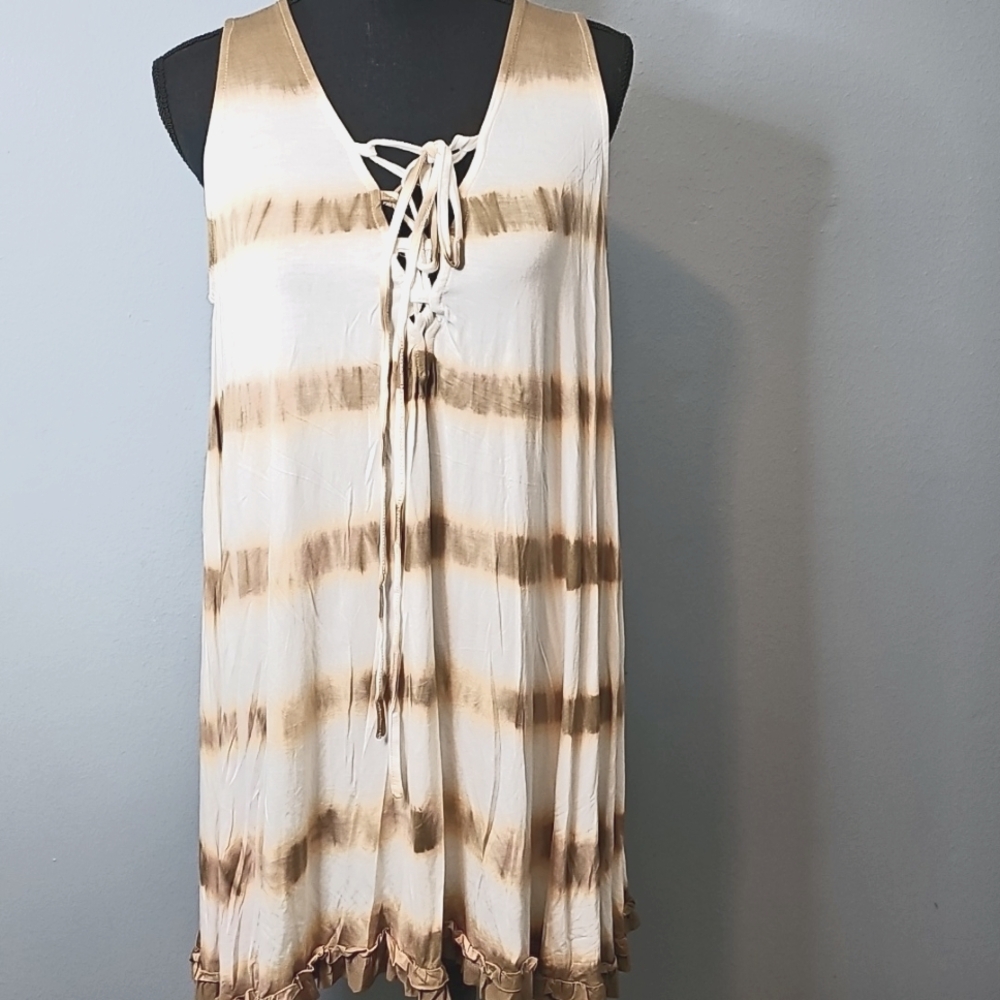 #4 NWT POL Sleeveless Tunic Top / Mini Dress ~ Ivory/Tan Tie Dye ~ Lg ~ 20" P2P